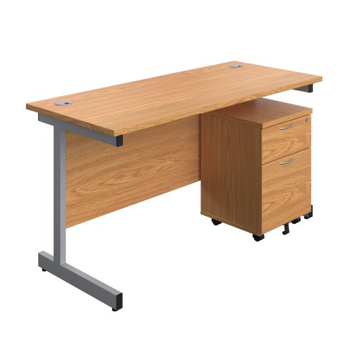 Single Upright Rectangular Desk + Mobile 2 Drawer Pedestal (FSC) 1400 X 600 Nova Oak/Silver