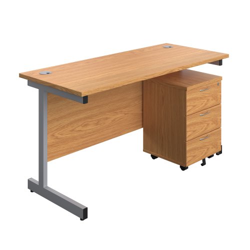 Single Upright Rectangular Desk + Mobile 3 Drawer Pedestal (FSC) 1400 X 600 Nova Oak/Silver