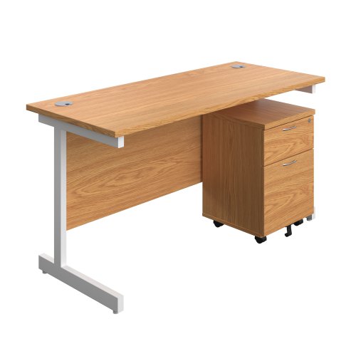 Single Upright Rectangular Desk + Mobile 2 Drawer Pedestal (FSC) 1400 X 600 Nova Oak/White