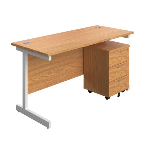 Single Upright Rectangular Desk + Mobile 3 Drawer Pedestal (FSC) 1400 X 600 Nova Oak/White