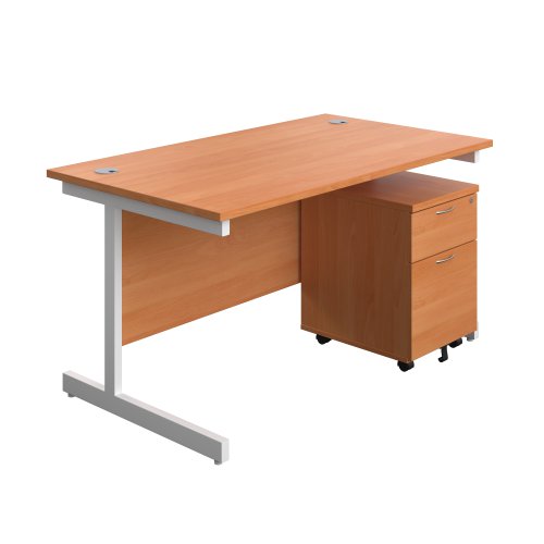 Single Upright Rectangular Desk + Mobile 2 Drawer Pedestal 1400 X 800 Beech/White