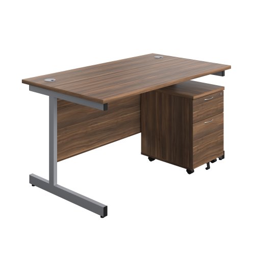 Single Upright Rectangular Desk + Mobile 2 Drawer Pedestal (FSC) 1400 X 800 Dark Walnut/Silver
