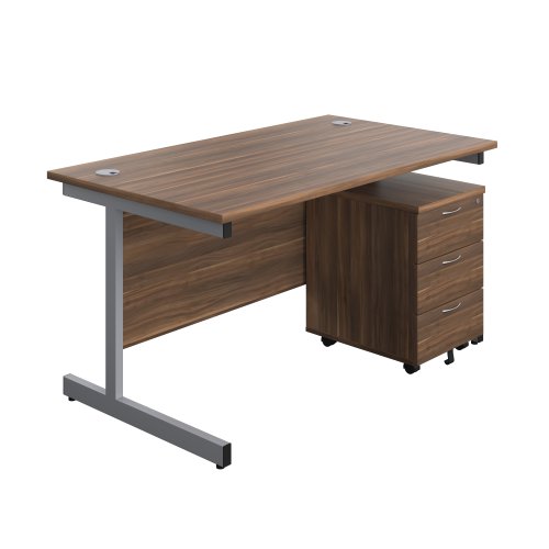 Single Upright Rectangular Desk + Mobile 3 Drawer Pedestal (FSC) 1400 X 800 Dark Walnut/Silver