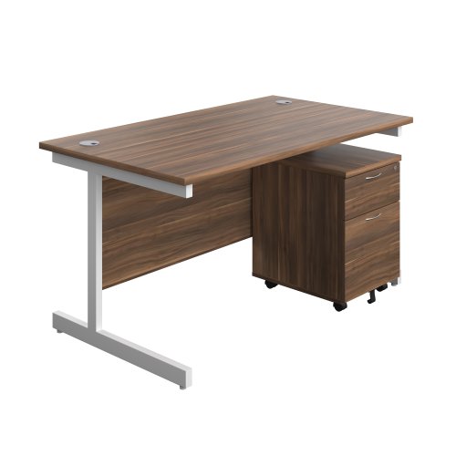 Single Upright Rectangular Desk + Mobile 2 Drawer Pedestal (FSC) 1400 X 800 Dark Walnut/White