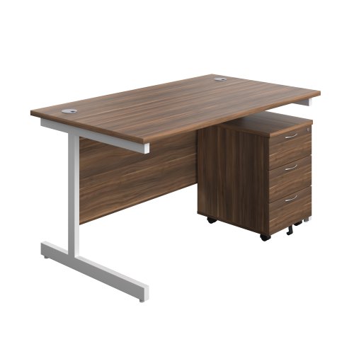 Single Upright Rectangular Desk + Mobile 3 Drawer Pedestal (FSC) 1400 X 800 Dark Walnut/White
