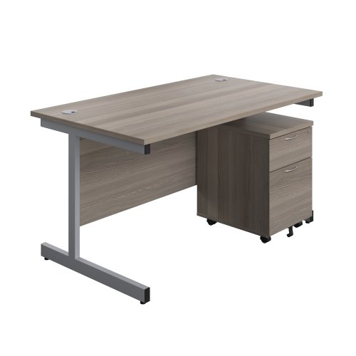Single Upright Rectangular Desk + Mobile 2 Drawer Pedestal (FSC) 1400 X 800 Grey Oak/Silver