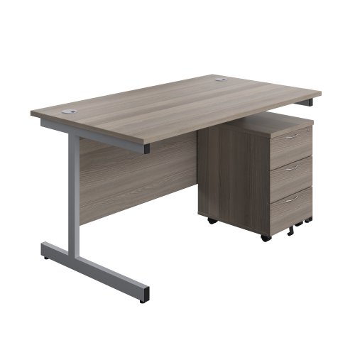 Single Upright Rectangular Desk + Mobile 3 Drawer Pedestal (FSC) 1400 X 800 Grey Oak/Silver