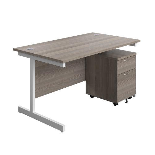 Single Upright Rectangular Desk + Mobile 2 Drawer Pedestal (FSC) 1400 X 800 Grey Oak/White