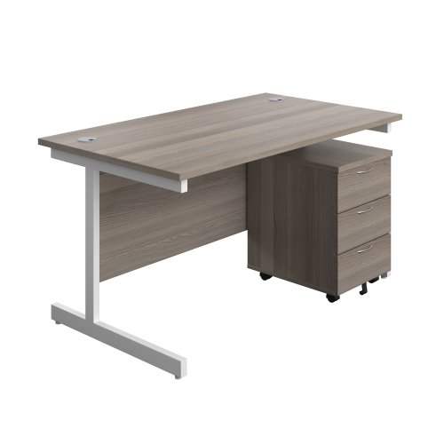 Single Upright Rectangular Desk + Mobile 3 Drawer Pedestal (FSC) 1400 X 800 Grey Oak/White