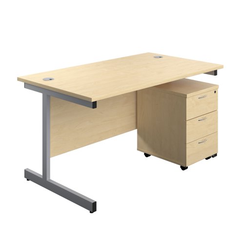 Single Upright Rectangular Desk + Mobile 3 Drawer Pedestal (FSC) 1400 X 800 Maple/Silver