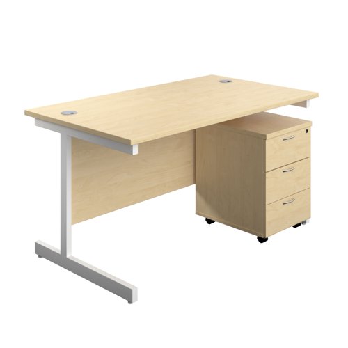 Single Upright Rectangular Desk + Mobile 3 Drawer Pedestal (FSC) 1400 X 800 Maple/White