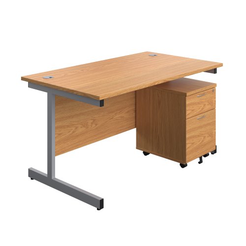 Single Upright Rectangular Desk + Mobile 2 Drawer Pedestal (FSC) 1400 X 800 Nova Oak/Silver