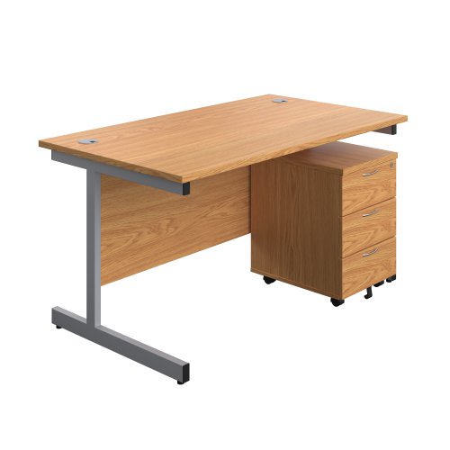 Single Upright Rectangular Desk + Mobile 3 Drawer Pedestal (FSC) 1400 X 800 Nova Oak/Silver