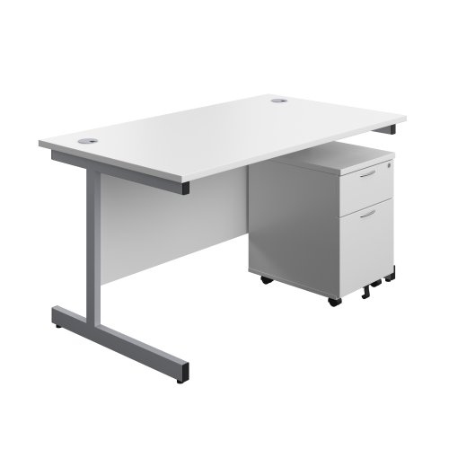 Single Upright Rectangular Desk + Mobile 2 Drawer Pedestal 1400 X 800 White/Silver