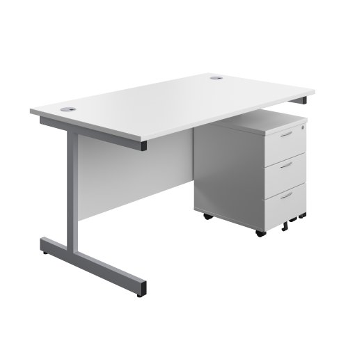 Single Upright Rectangular Desk + Mobile 3 Drawer Pedestal (FSC) 1400 X 800 White/Silver