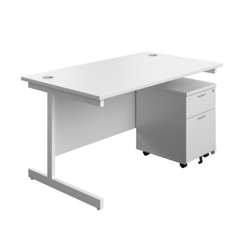 Single Upright Rectangular Desk + Mobile 2 Drawer Pedestal (FSC) 1400 X 800 White/White