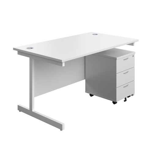 Single Upright Rectangular Desk + Mobile 3 Drawer Pedestal (FSC) 1400 X 800 White/White