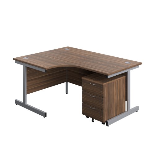 Single Upright Left Hand Radial Desk + Mobile 3 Drawer Pedestal (FSC) 1600 X 1200 Dark Walnut/Silver
