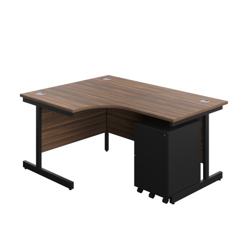 Single Upright Left Hand Radial Desk + Under Desk Steel Pedestal 3 Drawers (FSC) 1600 X 1200 Dark Walnut/Black