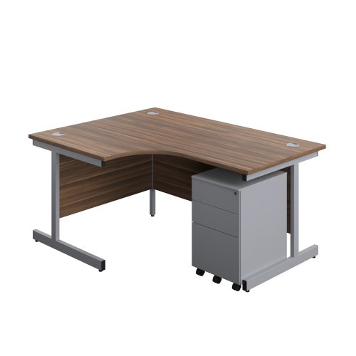 Single Upright Left Hand Radial Desk + Under Desk Steel Pedestal 3 Drawers (FSC) 1600 X 1200 Dark Walnut/Silver