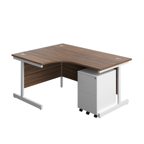 Single Upright Left Hand Radial Desk + Under Desk Steel Pedestal 3 Drawers (FSC) 1600 X 1200 Dark Walnut/White
