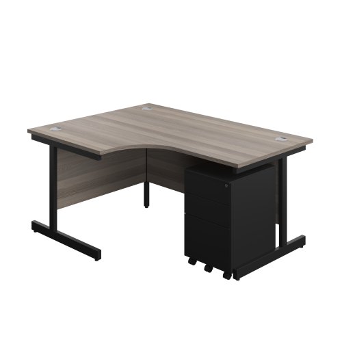 Single Upright Left Hand Radial Desk + Under Desk Steel Pedestal 3 Drawers (FSC) 1600 X 1200 Grey Oak/Black