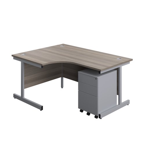 Single Upright Left Hand Radial Desk + Under Desk Steel Pedestal 3 Drawers (FSC) 1600 X 1200 Grey Oak/Silver