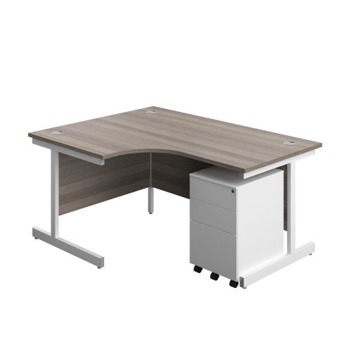 Single Upright Left Hand Radial Desk + Under Desk Steel Pedestal 3 Drawers (FSC) 1600 X 1200 Grey Oak/White