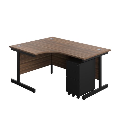 Single Upright Left Hand Radial Desk + Slimline Steel Pedestal 3 Drawers (FSC) 1600 X 1200 Dark Walnut/Black