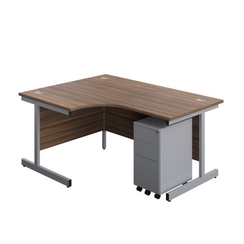 Single Upright Left Hand Radial Desk + Slimline Steel Pedestal 3 Drawers (FSC) 1600 X 1200 Dark Walnut/Silver