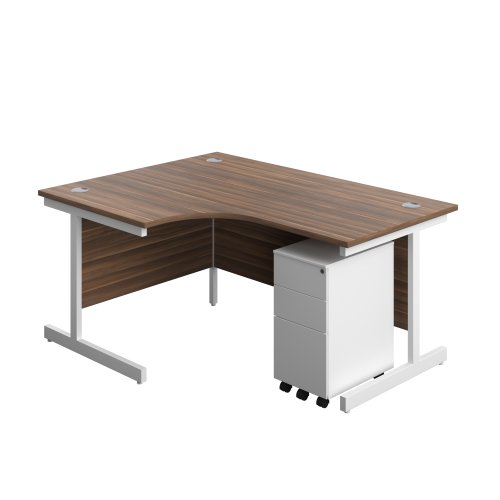 Single Upright Left Hand Radial Desk + Slimline Steel Pedestal 3 Drawers (FSC) 1600 X 1200 Dark Walnut/White