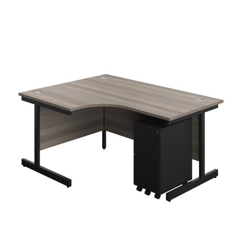 Single Upright Left Hand Radial Desk + Slimline Steel Pedestal 3 Drawers (FSC) 1600 X 1200 Grey Oak/Black