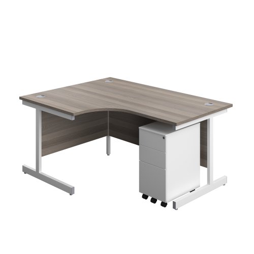 Single Upright Left Hand Radial Desk + Slimline Steel Pedestal 3 Drawers (FSC) 1600 X 1200 Grey Oak/White