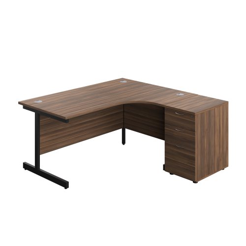 Single Upright Right Hand Radial Desk + Desk High 3 Drawer Pedestal (FSC) 1600 X 1200 600mm Deep Pedestal Dark Walnut/Black