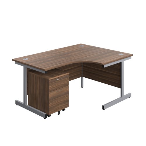 Single Upright Right Hand Radial Desk + Mobile 2 Drawer Pedestal (FSC) 1600 X 1200 Dark Walnut/Silver