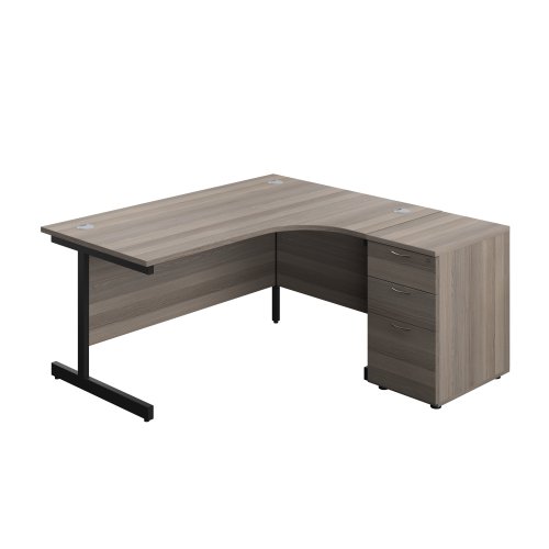 Single Upright Right Hand Radial Desk + Desk High 3 Drawer Pedestal (FSC) 1600 X 1200 600mm Deep Pedestal Grey Oak/Black