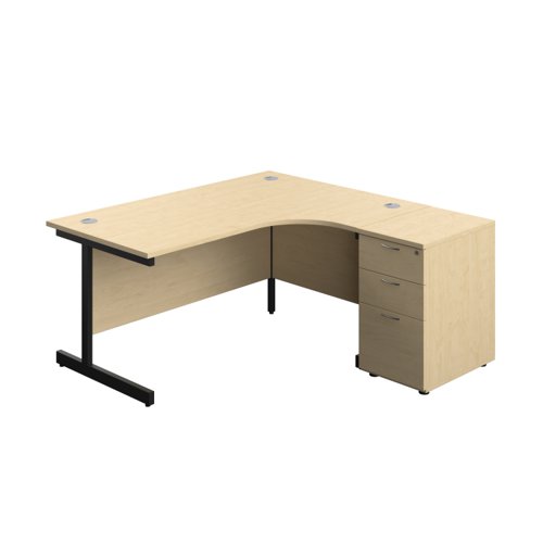 Single Upright Right Hand Radial Desk + Desk High 3 Drawer Pedestal (FSC) 1600 X 1200 600mm Deep Pedestal Maple/Black