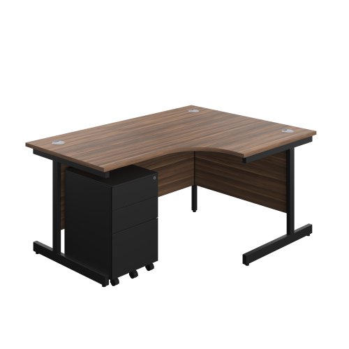 Single Upright Right Hand Radial Desk + Under Desk Steel Pedestal 3 Drawers (FSC) 1600 X 1200 Dark Walnut/Black