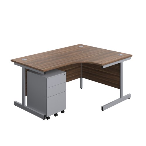 Single Upright Right Hand Radial Desk + Under Desk Steel Pedestal 3 Drawers (FSC) 1600 X 1200 Dark Walnut/Silver