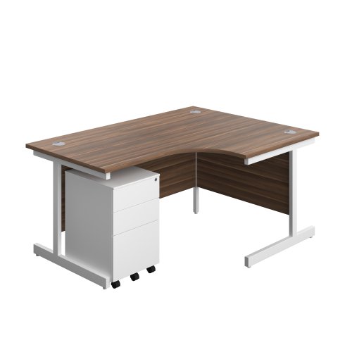 Single Upright Right Hand Radial Desk + Under Desk Steel Pedestal 3 Drawers (FSC) 1600 X 1200 Dark Walnut/White