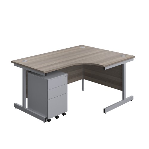 Single Upright Right Hand Radial Desk + Under Desk Steel Pedestal 3 Drawers (FSC) 1600 X 1200 Grey Oak/Silver