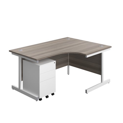 Single Upright Right Hand Radial Desk + Under Desk Steel Pedestal 3 Drawers (FSC) 1600 X 1200 Grey Oak/White