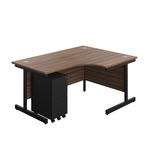 Single Upright Right Hand Radial Desk + Slimline Steel Pedestal 3 Drawers (FSC) 1600 X 1200 Dark Walnut/Black