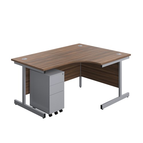 Single Upright Right Hand Radial Desk + Slimline Steel Pedestal 3 Drawers (FSC) 1600 X 1200 Dark Walnut/Silver