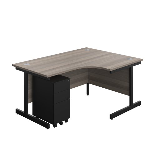 Single Upright Right Hand Radial Desk + Slimline Steel Pedestal 3 Drawers (FSC) 1600 X 1200 Grey Oak/Black