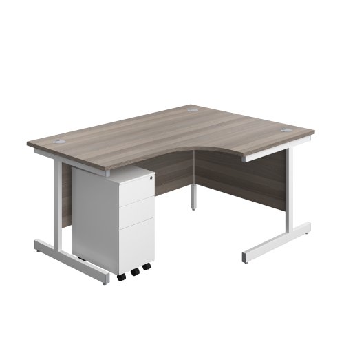 Single Upright Right Hand Radial Desk + Slimline Steel Pedestal 3 Drawers (FSC) 1600 X 1200 Grey Oak/White