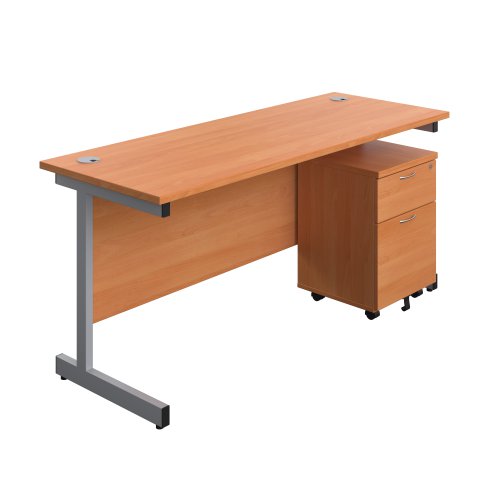 Single Upright Rectangular Desk + Mobile 2 Drawer Pedestal (FSC) 1600 X 600 Beech/Silver