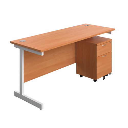 Single Upright Rectangular Desk + Mobile 2 Drawer Pedestal (FSC) 1600 X 600 Beech/White