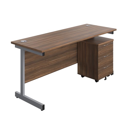 Single Upright Rectangular Desk + Mobile 3 Drawer Pedestal (FSC) 1600 X 600 Dark Walnut/Silver