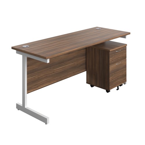 Single Upright Rectangular Desk + Mobile 2 Drawer Pedestal (FSC) 1600 X 600 Dark Walnut/White